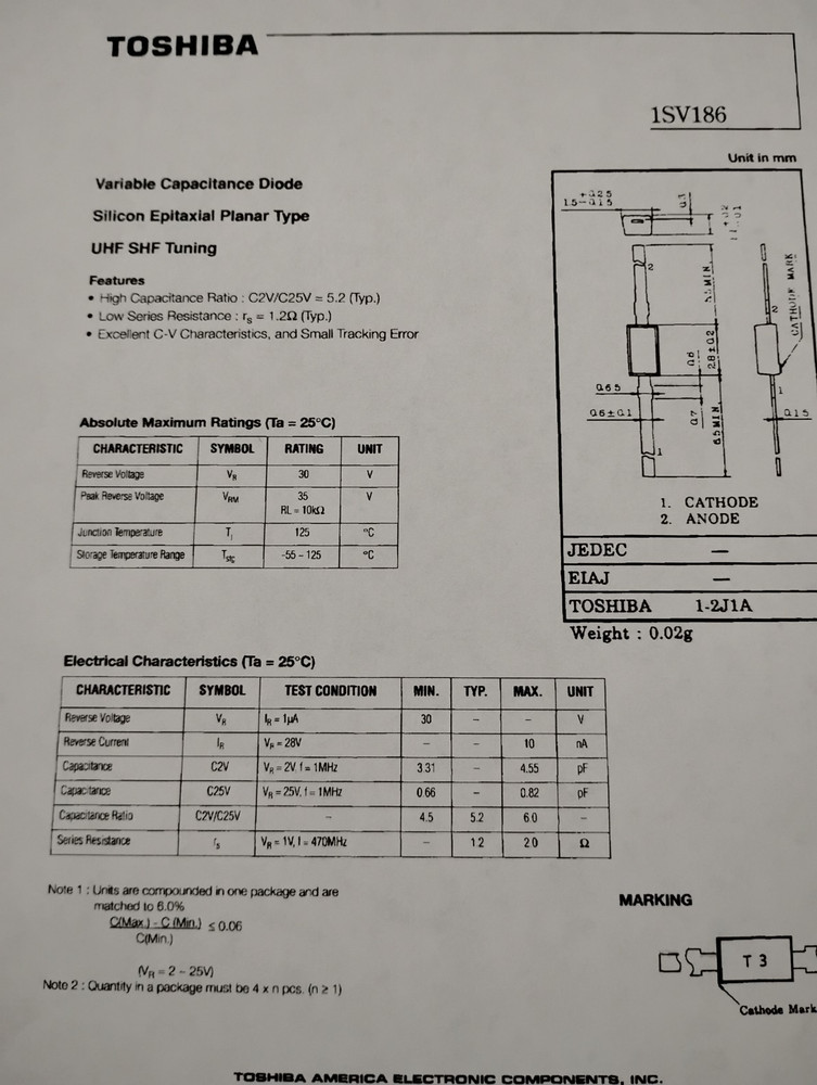 Toshiba 1SV186 Variable Capacitance Diode UHF SHF Tuning Qty-7 Pieces
