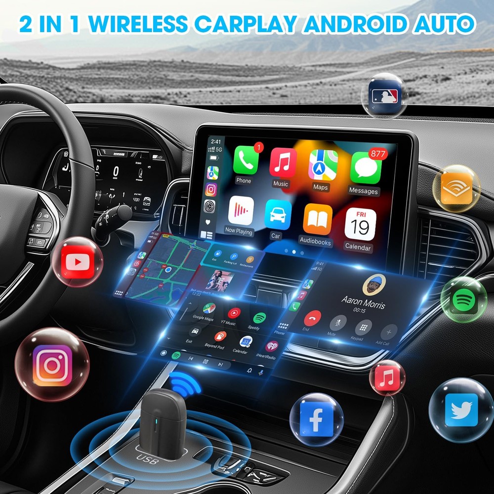 Wireless CarPlay Android Auto Adapter: 2 in 1 Car Dongle with USB Type-C...