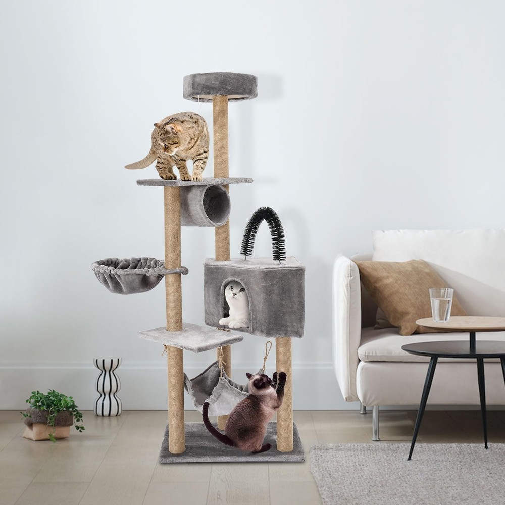 Multi-Level Cat Tower with Scratching Posts Hammock Condo 63" Tall for Cats