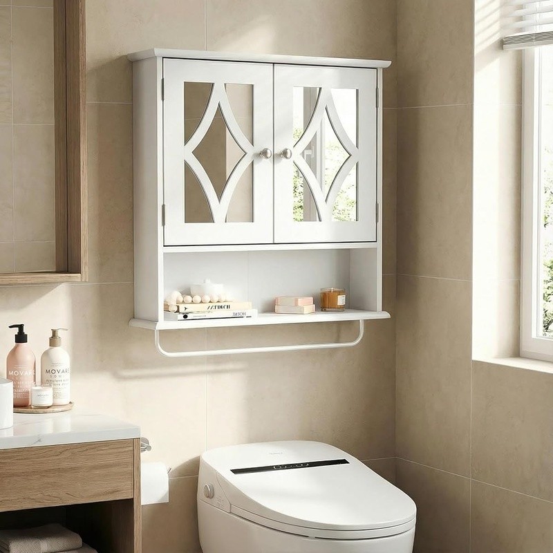 Multi-Functional Wall Mounted Cabinet W/ Towel Rack & Mirror Doors Storage New