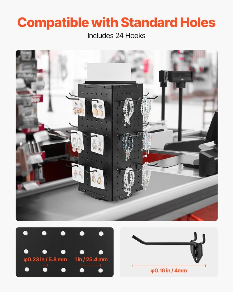 VEVOR Rotating Pegboard Display 4-Sided Spinning Peg Board Display with 24 Hooks