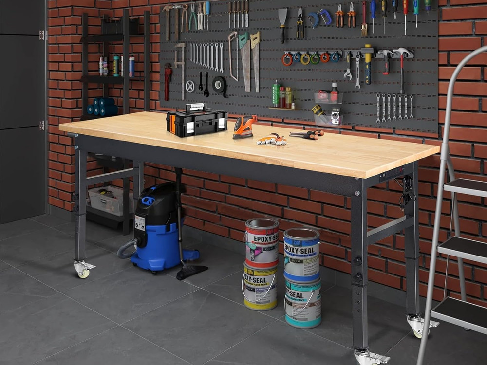 60" Adjustable Work Bench, Rubber Wood Top Workbench Heavy-Duty Work Table with