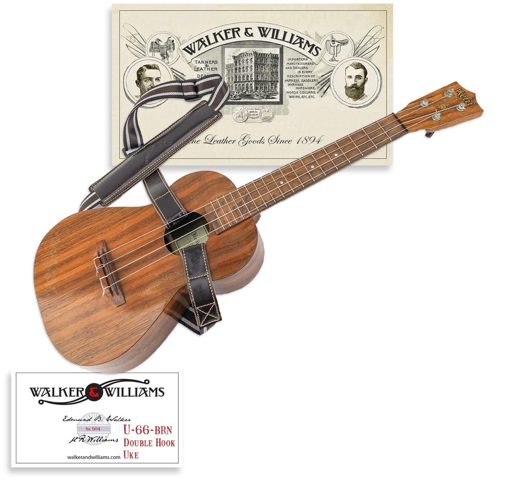 Walker & Williams U-66-Brown Double Hook Ukulele Shoulder Strap Hands Free 