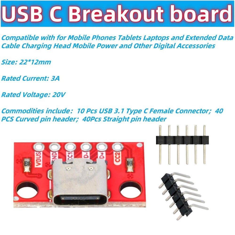 10Pcs USB Type C Breakout Board Serial Basic Female Connector Type PCB Conver...