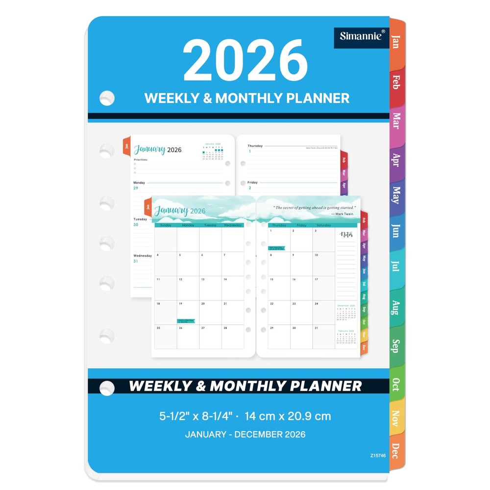 2026 Planner Refills - A5 Inserts with 7-Hole Punched, JAN A5, Blue