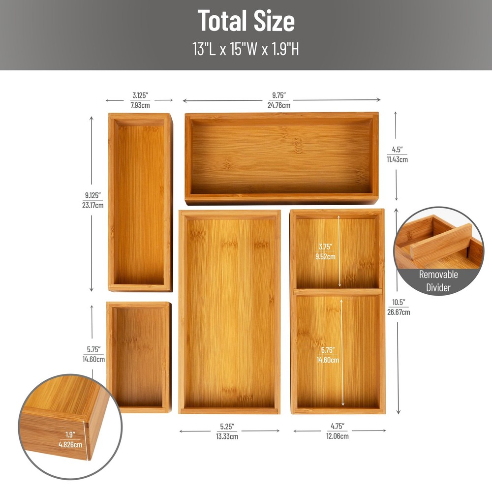 5-Piece Bamboo Drawer Organizer Set, Stackable Storage Trays for Kitchen, Bat...