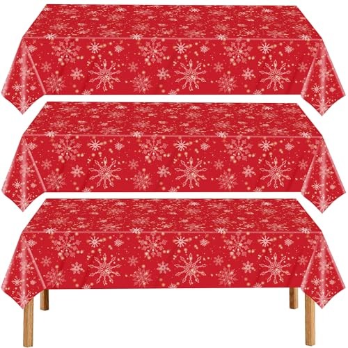 3 Pcs Tablecloth,Red Snowflake Rectangular Plastic Christmas Snowflake