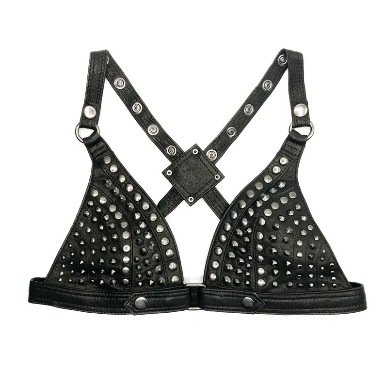 Full Stud Leather Bra with Suede Lining adjustment Cross Over Back