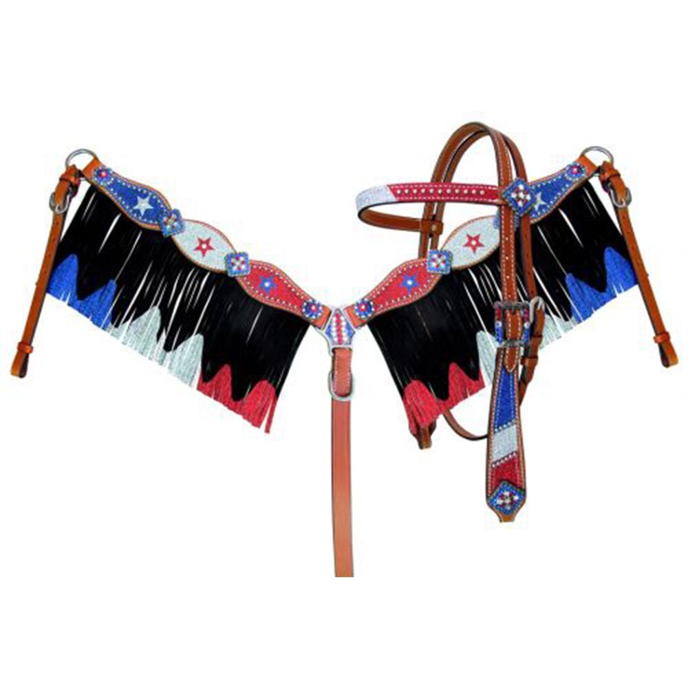 Showman Red, Silver, and Blue Glitter Headstall/BreastCollar Set