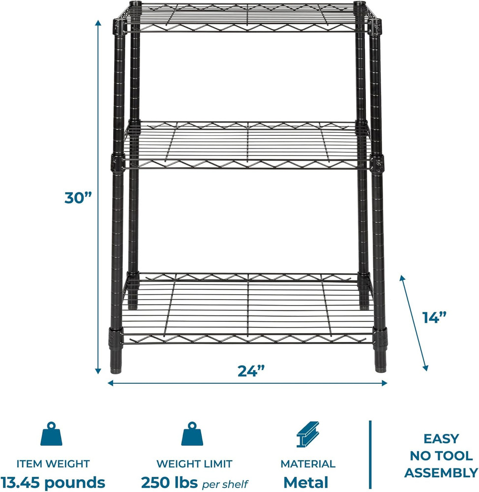 3-Tier Heavy Duty Adjustable Shelving Unit, Black