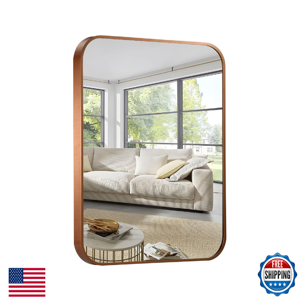 Umzodo 24x36" Bronze Metal Framed Rounded Rectangle Wall Mirror
