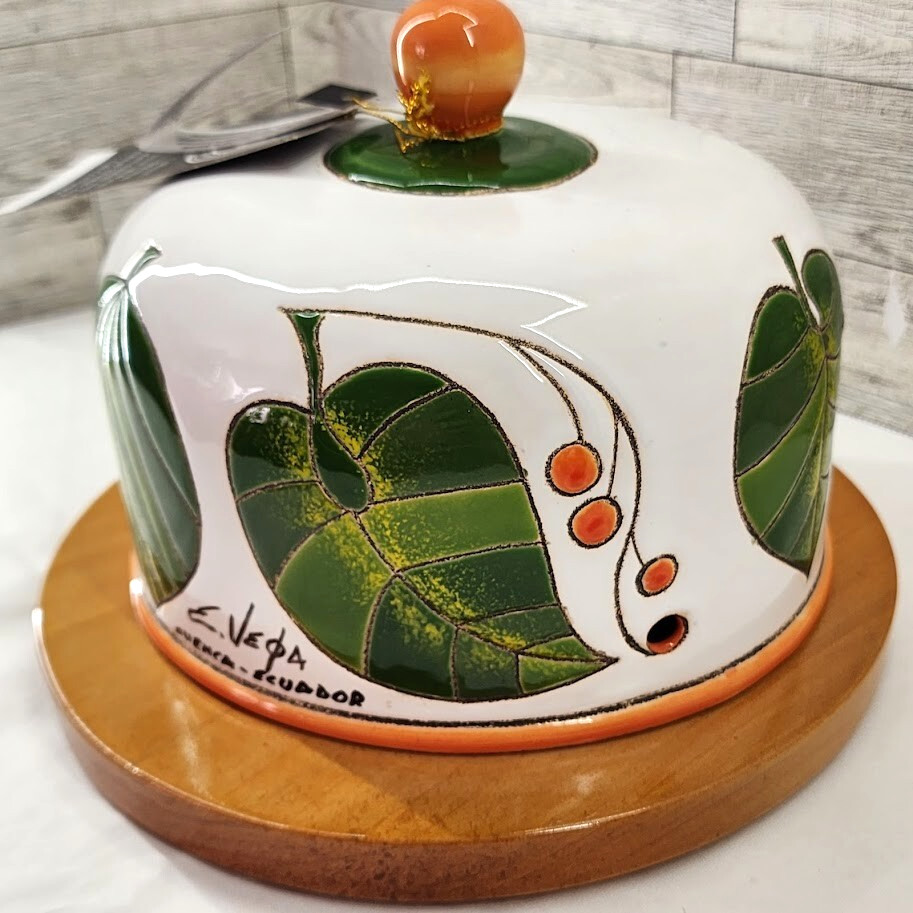 Napa Montecristi Ceramic Cheese Dish container with Wood Base Signed Leaf Design