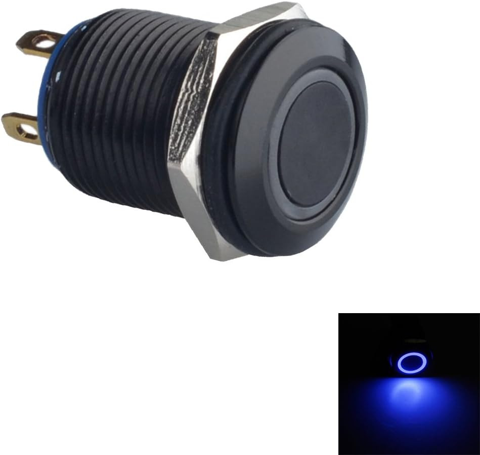 Black Case 12Mm Blue LED Light 2A Momentary Push Button Switch Stainless Waterpr