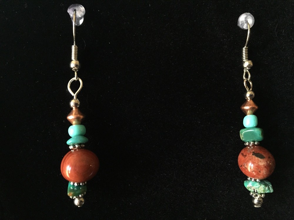 TURQUOISE Red JASPER Earrings Silver Wires Copper Bead