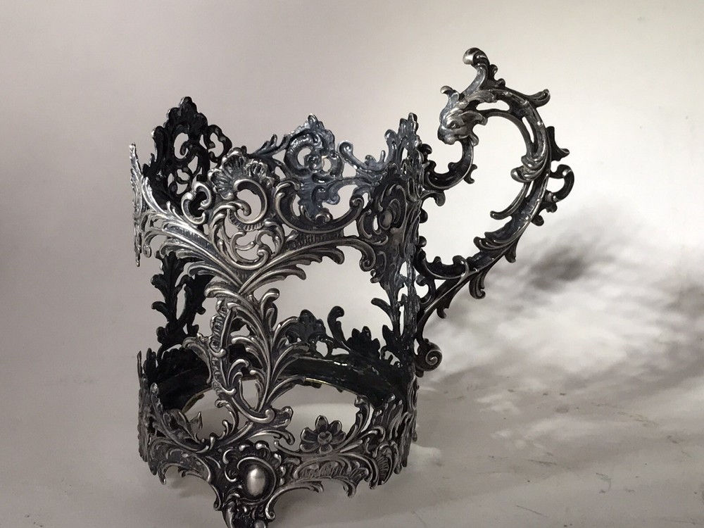 Antique Solid Silver 800 Tea Glass Holder With Glass