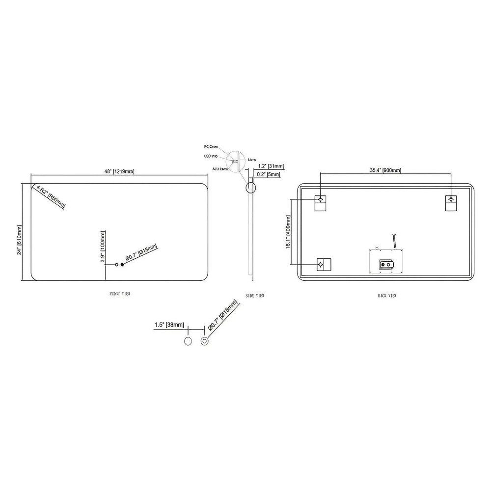 LUXOR ROUNDED CORNERS LED VANITY MIRROR; ADJUSTABLE TEMP. & BRIGHTNESS; 48 x 24