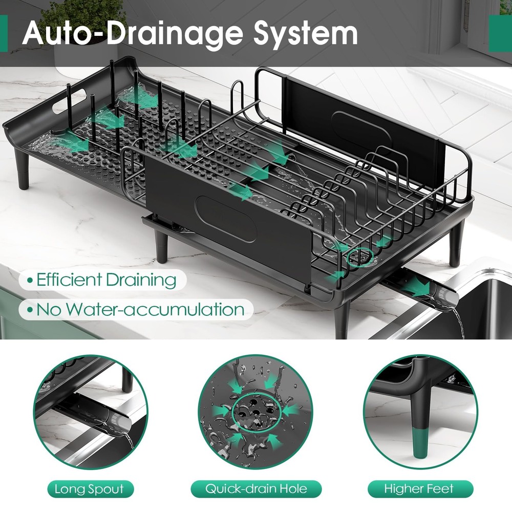 Extendable Dish Drying Rack for Kitchen Counter, Large Expandable Dish Rack w...