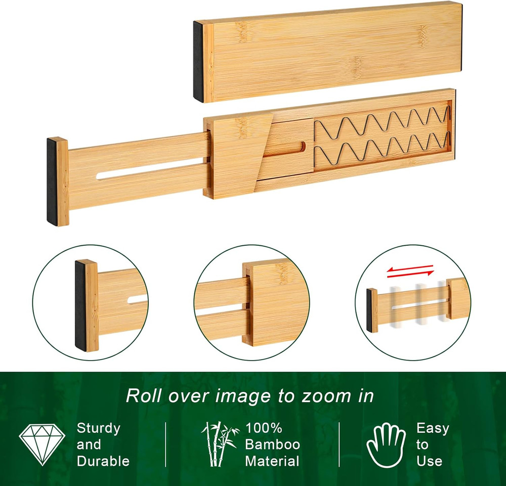 4 Pack Bamboo Kitchen Drawer Dividers with Inserts 2.6" High, Adjustable from 12