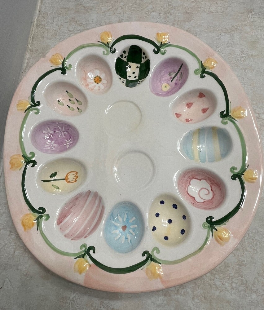 Easter Deviled Egg Floral Ceramic Plate Hand Painted Heavy High End Decor
