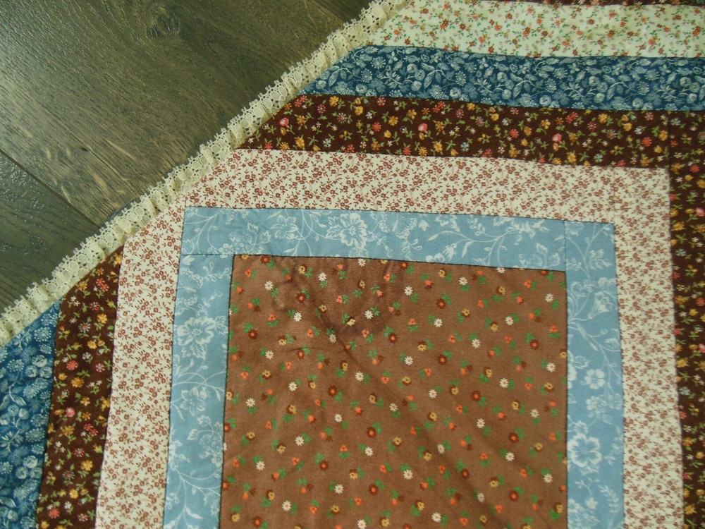 Hand Made Quilted Table Runner, Lace Edging, Reversible - 43"x13"