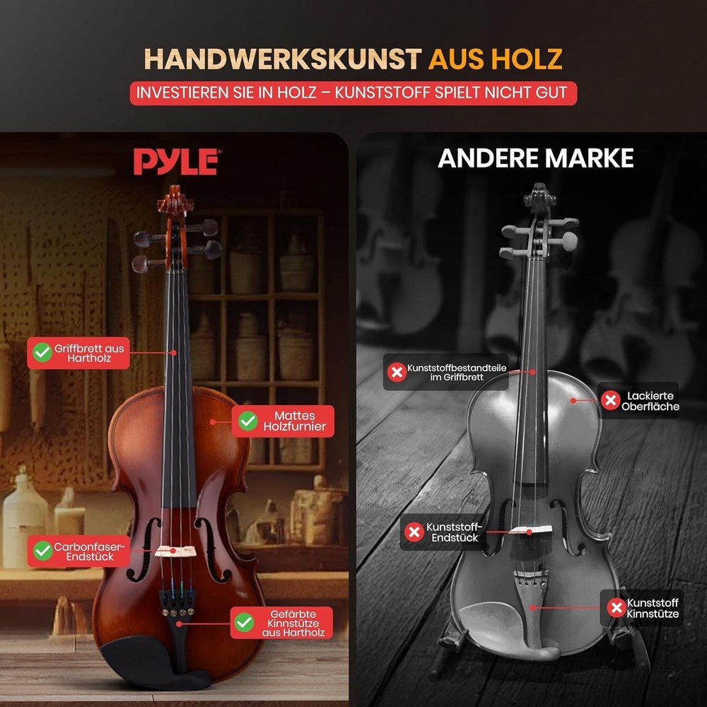 Pyle 1/4 Size Beginner Violin Starter Kit w/ Travel Case & Bow, Extra Strings