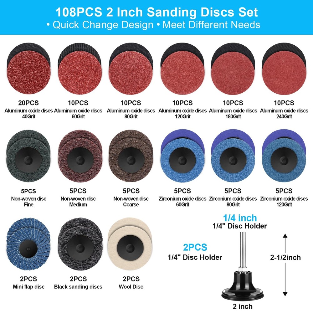 108 Pcs 2" Sanding Discs Quick Change Sanding Discs Surface Conditioning Discs