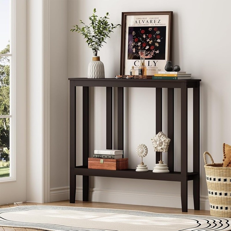 Compact Bamboo Hallway Table 2-Tier Storage Console Entryway Space Saver New