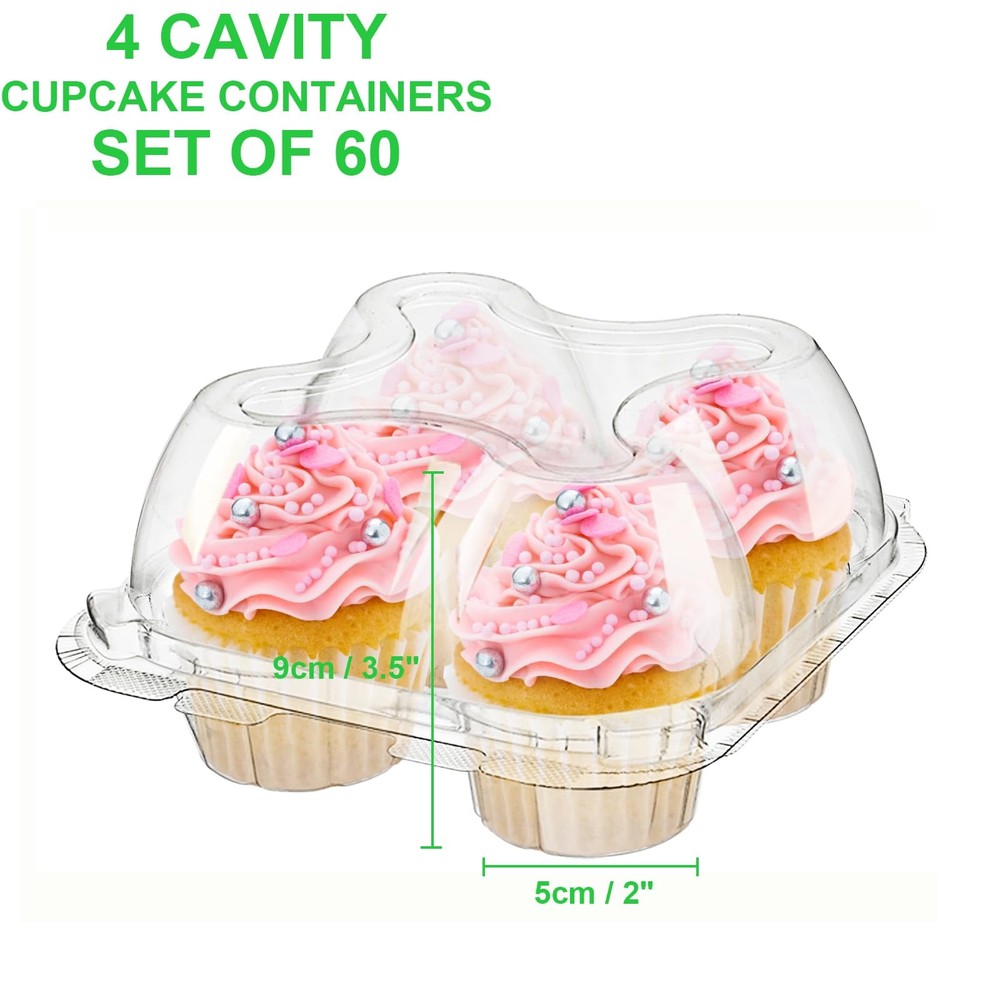 60 Count 4-Compartment Plastic Cupcake Containers - Disposable Cupcake Trays ...