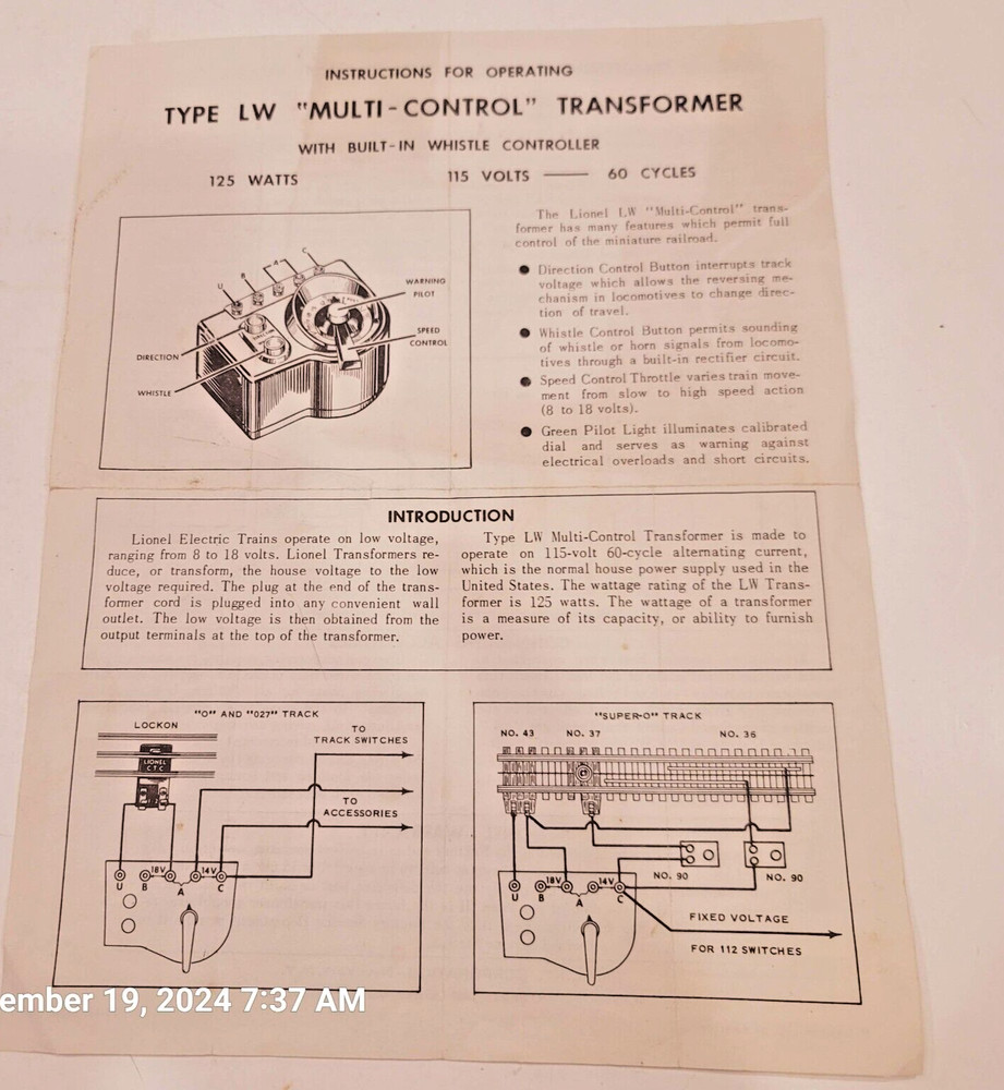 1960 Instructions for Operating LIONEL Multi-Control Transformers 1960