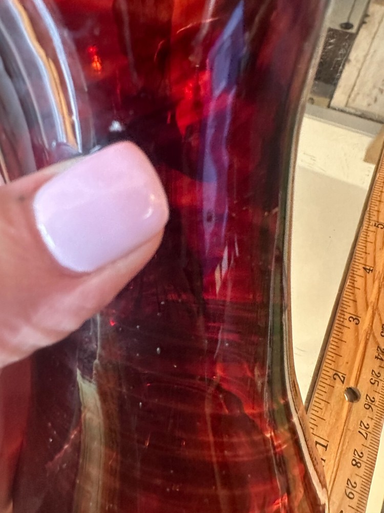 Hand blown Glass Ruby Red Pitcher Applied Ribbed Clear Glass Handle Bubbles Read