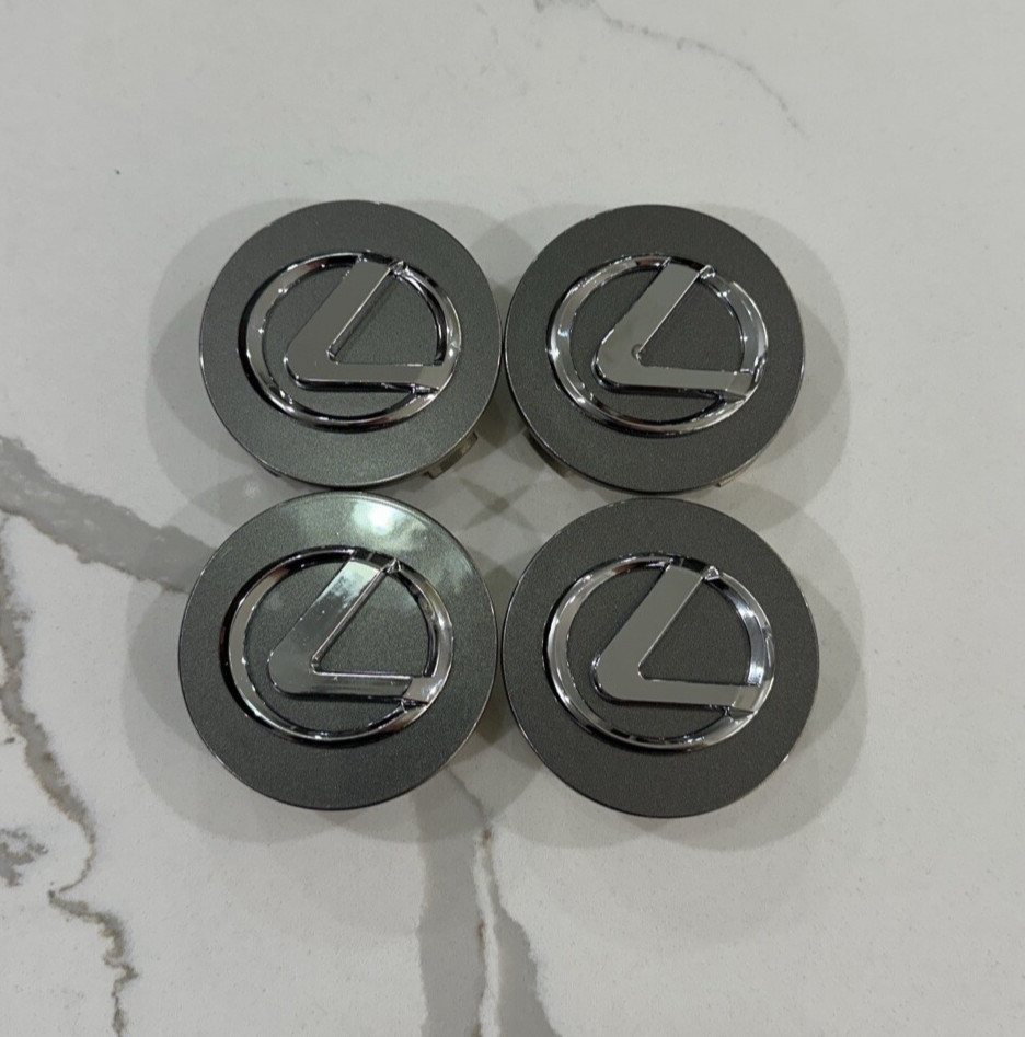 (4X) LEXUS Dark Grey & Chrome Badge Logo 62MM Wheel Center Caps Hub 42603-30590