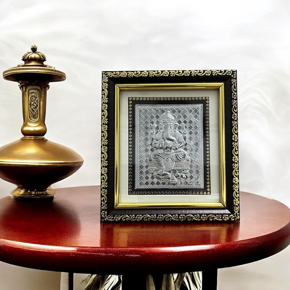 Pure Silver Lord Ganesh Frame 5x5.5 Inch Frame Tabletop Stand & Wall Mount