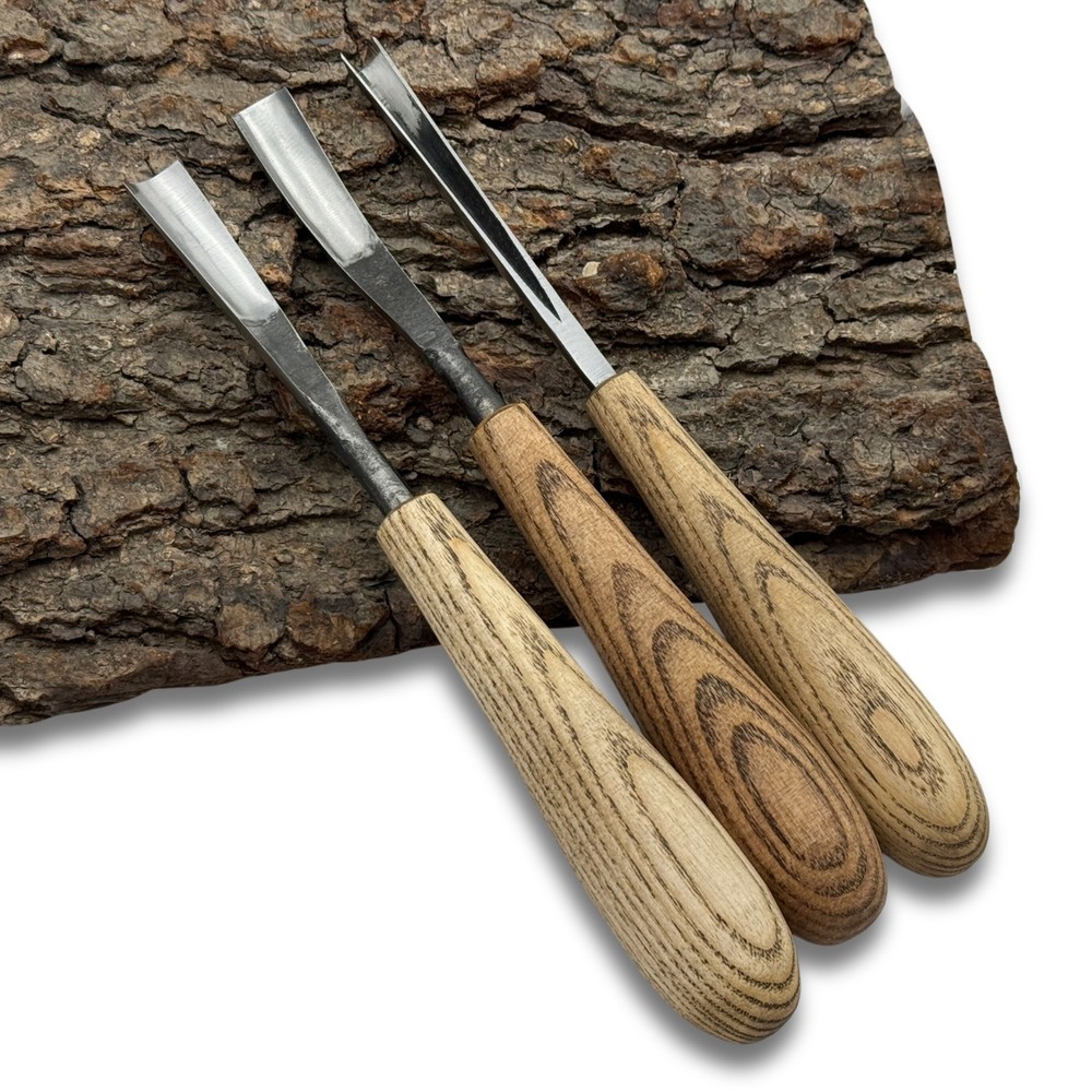 Wood Carving Tool Set 3-Piece – 52100 Steel Blade, Ash Handle, V-Chisel & Gouges