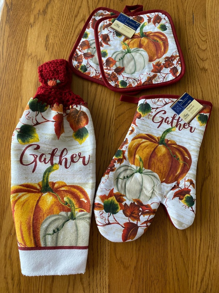 Fall crochet towel topper with pot holders and mitt 4 piece set