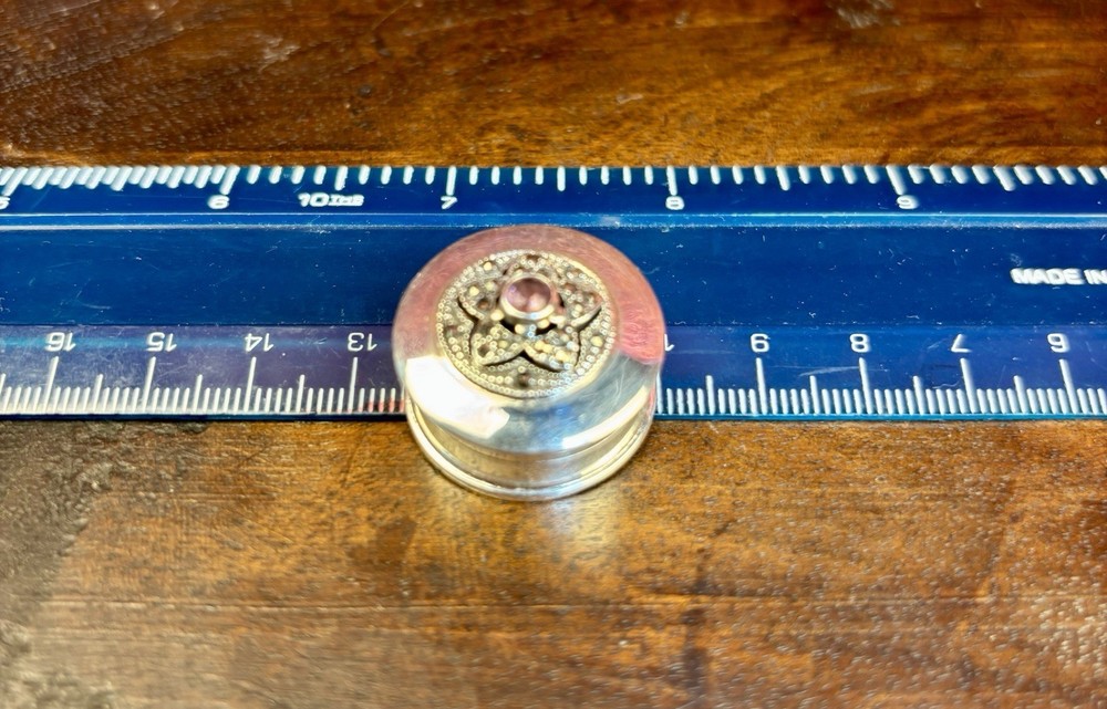 A Pretty London Hallmarked Solid Silver Pill Box Set With Marcasite & Amethyst.