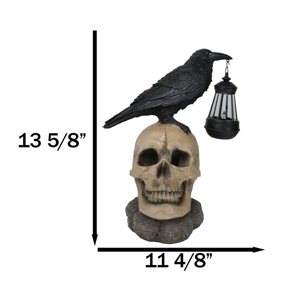 Edgar Corvus Raven Perching On Rose Skull Statue With Solar LED Lantern Light