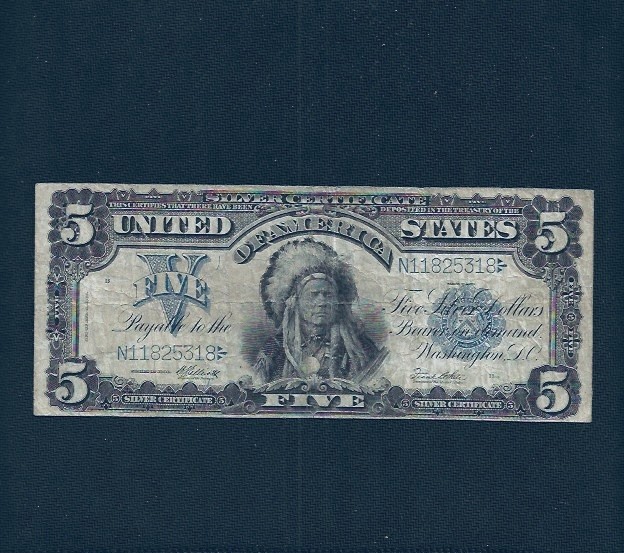 FR 281 1899 $5 FIVE DOLLARS “CHIEF” SILVER CERTIFICATE CURRENCY NOTE VERY FINE