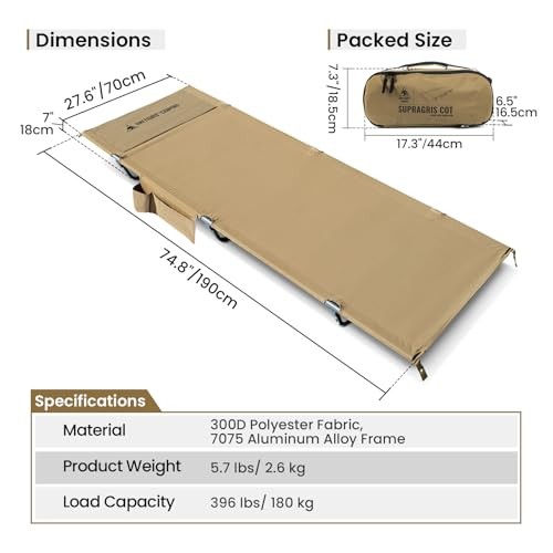 SUPRAGRIS Camping Cot, Support Up to 400lbs, Lightweight Coyote Brown