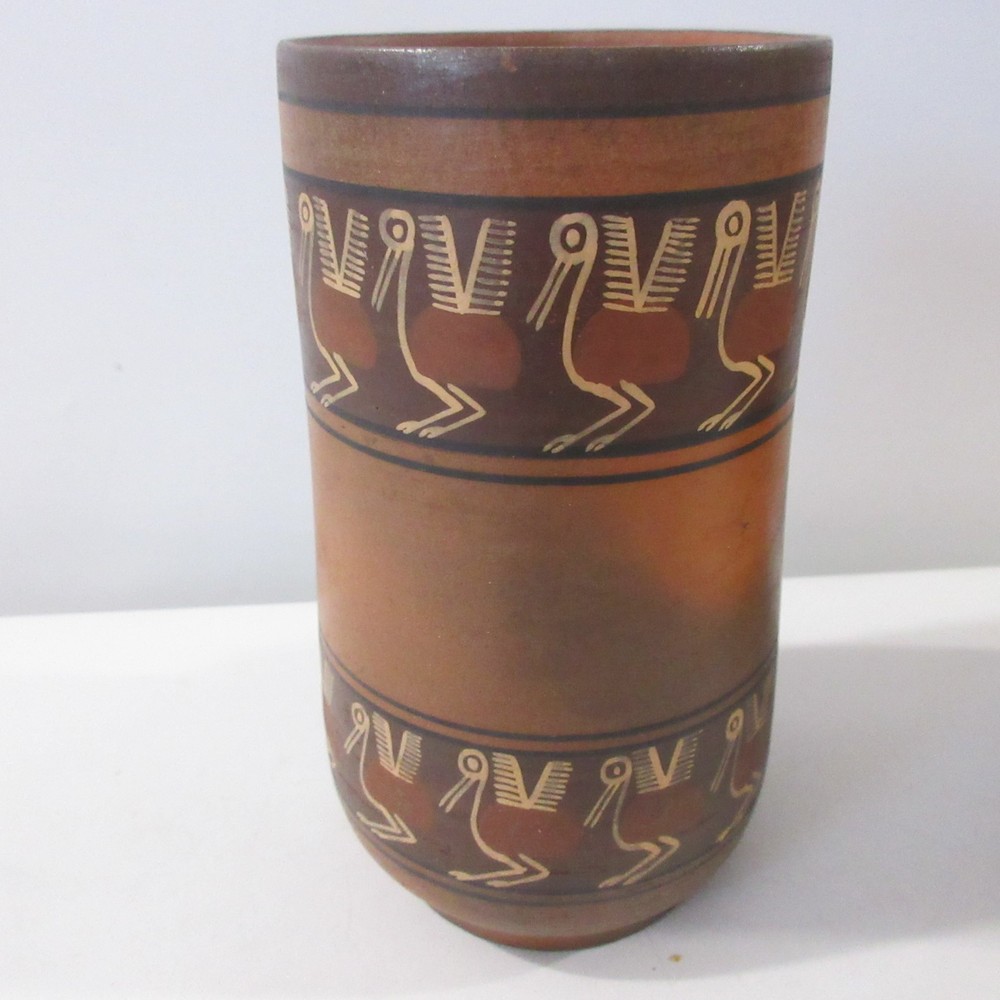 Peruvian Red Clay Earthenware Vessels Drinking Cup Vase Handmade Hand painted