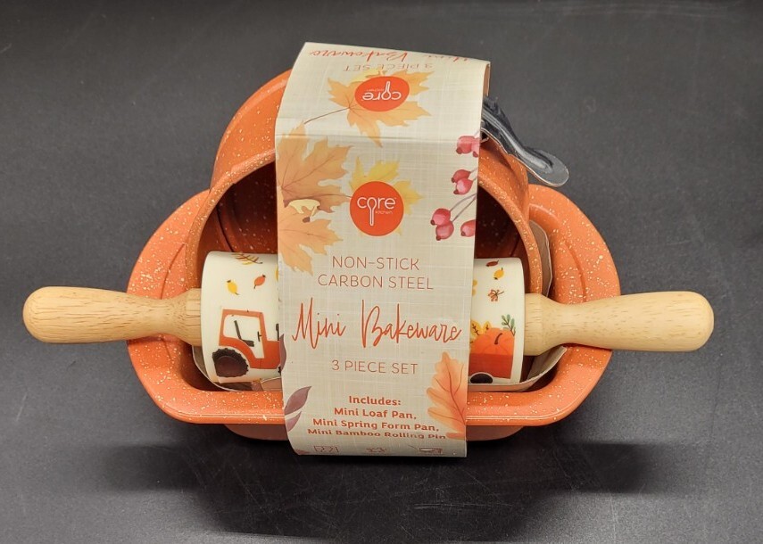 3 Pc Mini Bakeware Set Fall Loaf, Spring Form Tractor, Leaf, Pumpkin Rolling Pin