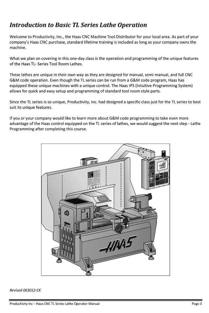Haas CNC Toolroom Lathe TL Series Operator Training Manual *896