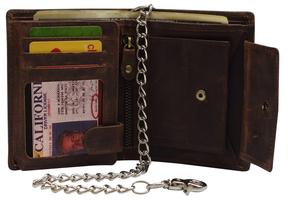 Hunter Brown RFID Blocking Genuine Leather Biker's Wallet Steel Chain