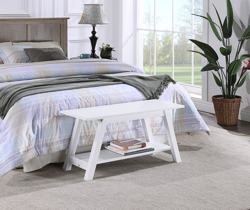 Elyz Solid Wood Bench with Shelf, 36.10-Inch Long, White