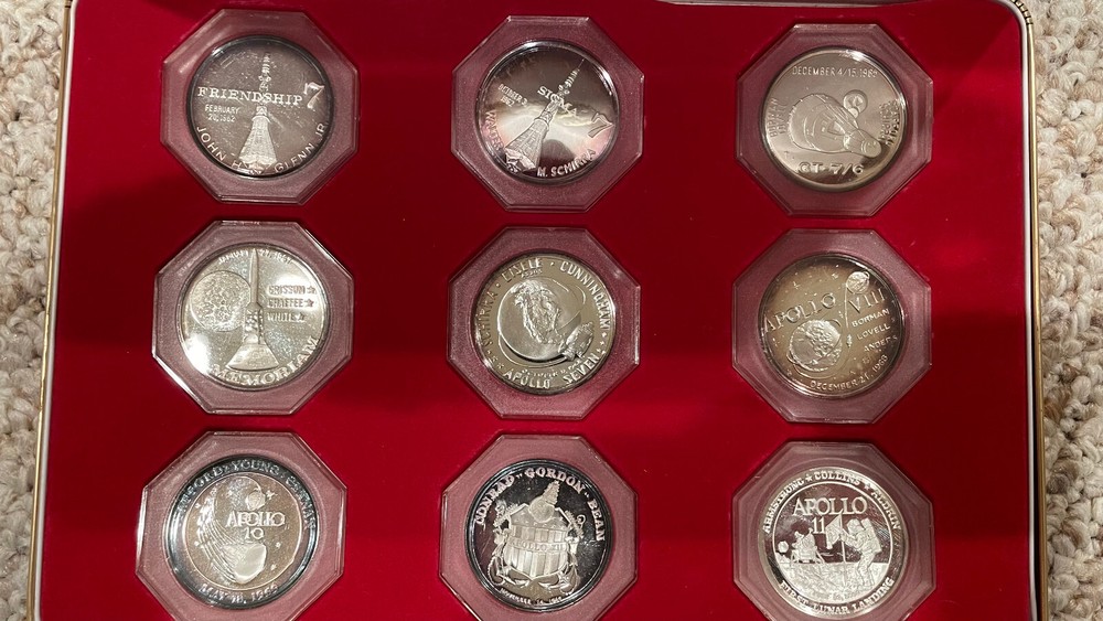 9oz silver Space medals, Mercury, Gemini, Apollo, with box, Spacecraft Medals