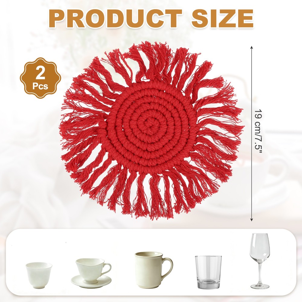 2Pcs Boho Coasters, Woven Drink Coasters with Tassel, Red
