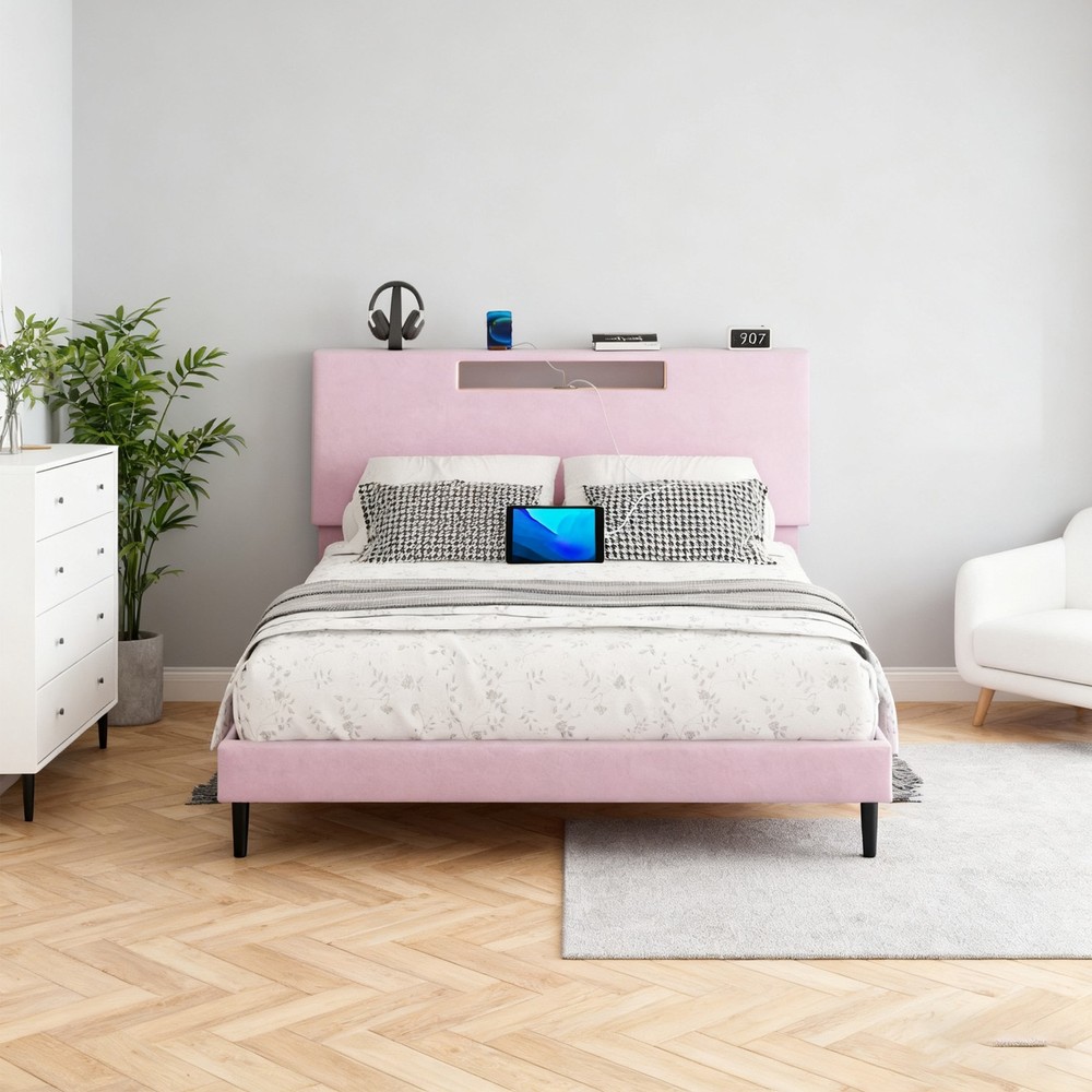 Wooden Bed Frame Full Slat Support Platform Bed With High Headboard LED Lights