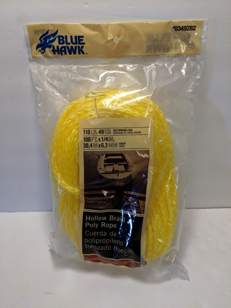 Blue Hawk 100’ X 1/4” Yellow Hollow Braid Poly Rope NIP