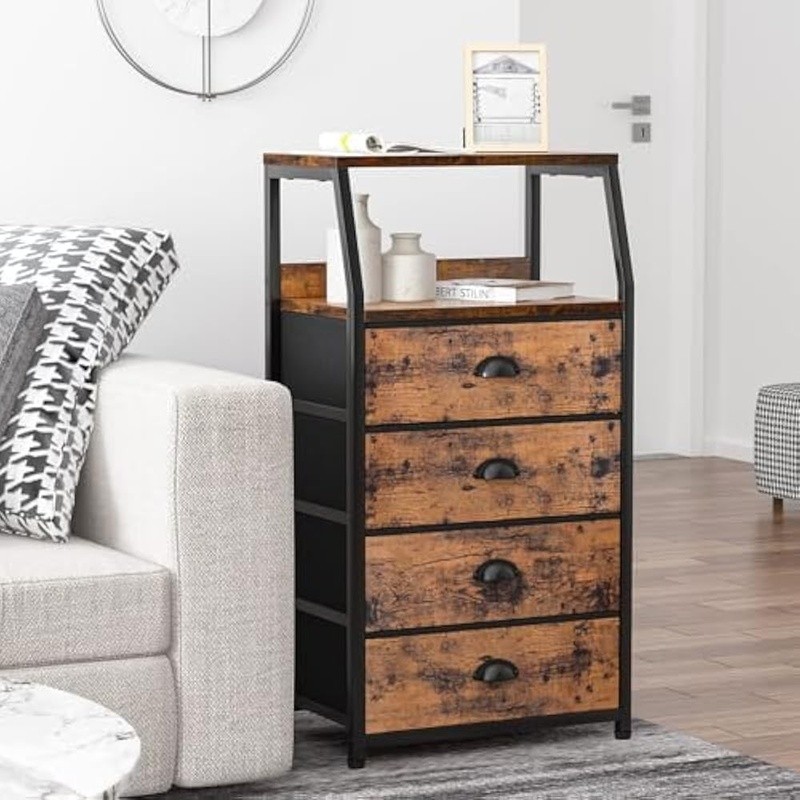 Multi-Functional Nightstand Storage Table W/ Double Layer Shelf & Fabric Drawers