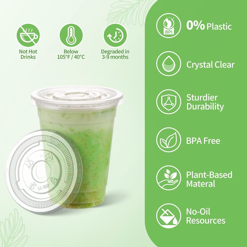 16 OZ Compostable Clear Plastic Cups Disposable Iced Coffee with Flat Lids