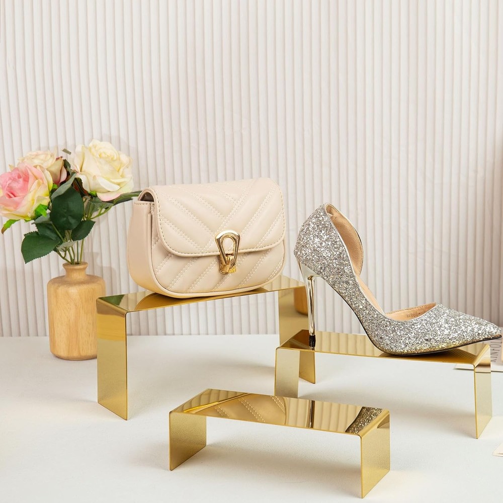 Handbag display rack, 3 gold-colored display stands